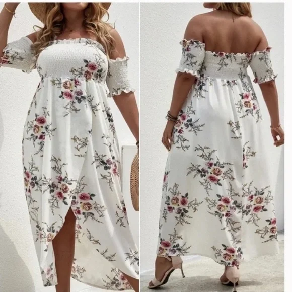 Boho Plus Floral Print Off Shoulder Cottagecore Dress - Picture 2 of 14